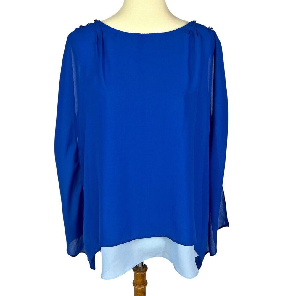 White House Black Market Blue Flowy Chiffon Layered Split Back Sleeveless Top XL